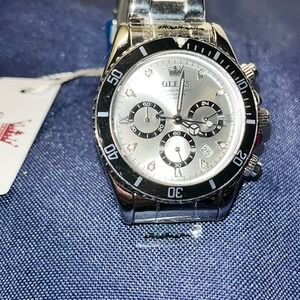 Olevs Mens Chronograph Watch Silver Dial Black Bezel Stainless Steel New Tag